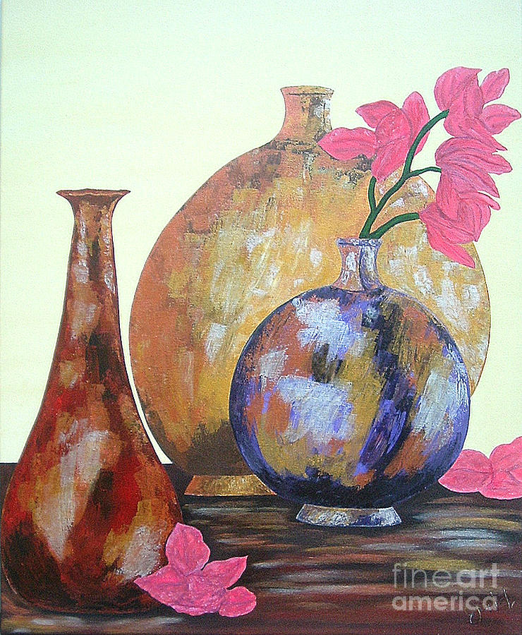 Still Life Painting - Metallic Vases by JoNeL Art