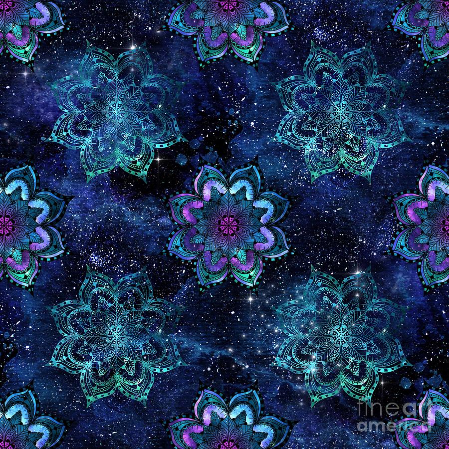 Metana - Colorful Blue Watercolor Mandala Galaxy Dharma Pattern Digital Art by Sambel Pedes