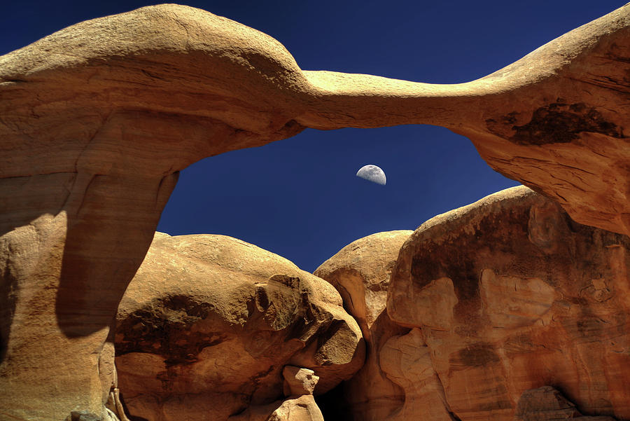 Metate Moonrise -  First quarter moon with Metate arch in Devils Garden - Escalante Utah Photograph by Peter Herman