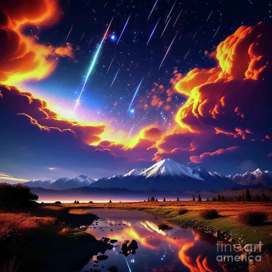 Meteor shower in a beautiful natural landscape, illustration. Photograph by Joaquin Corbalan