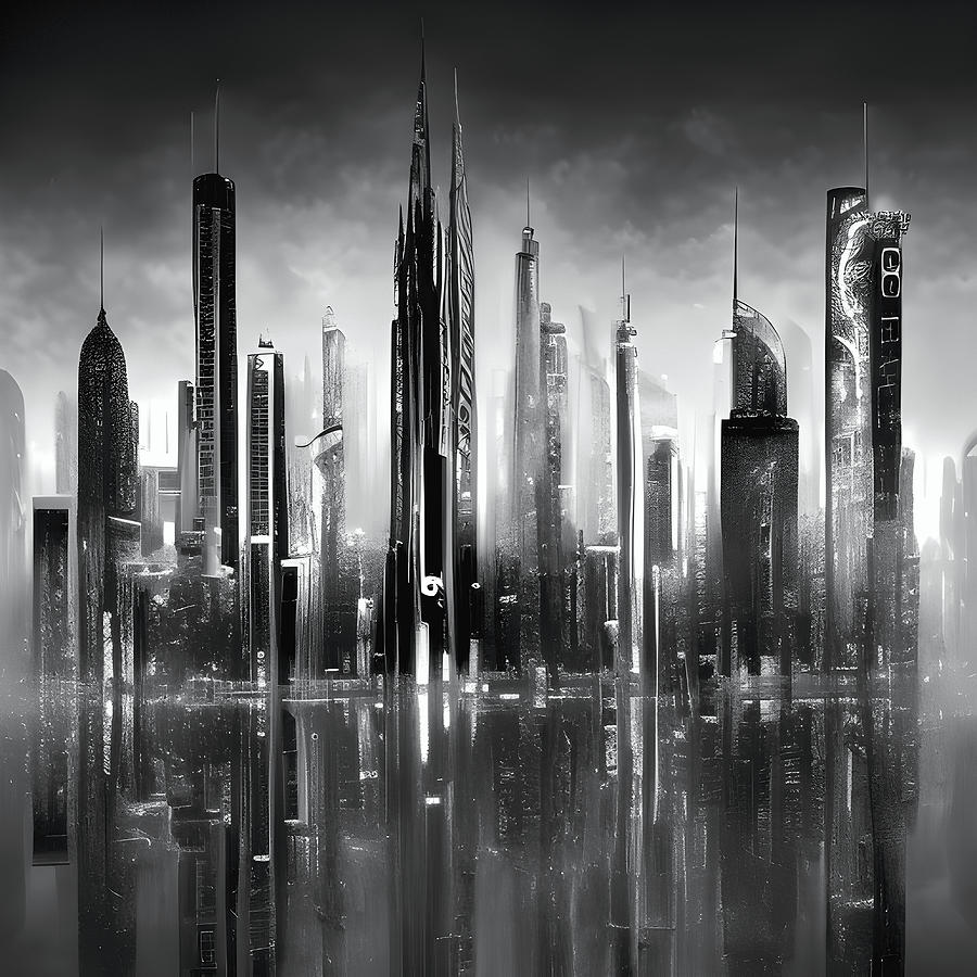 Metropolis Dreams - A Captivating Black and White Cityscape Digital Art