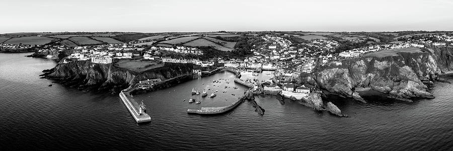 Mevagissey fishing village harbour aerial cornwall coast england black and white panorama Photograph by Sonny Ryse
