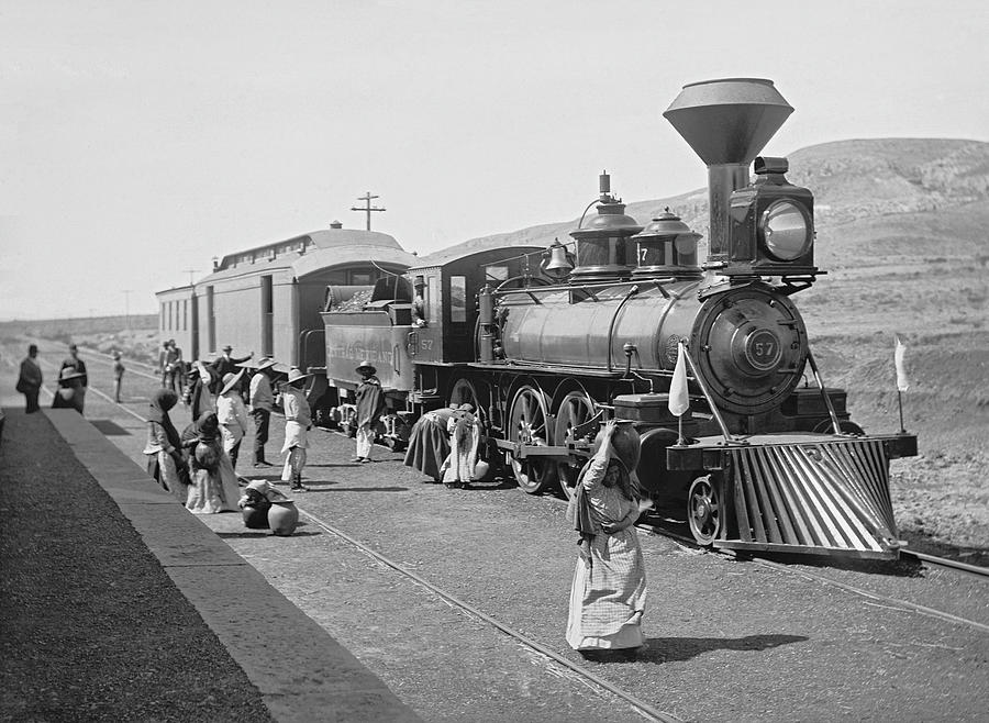 Mexican Central Railway Train at Station BW Photograph by William Henry Jackson