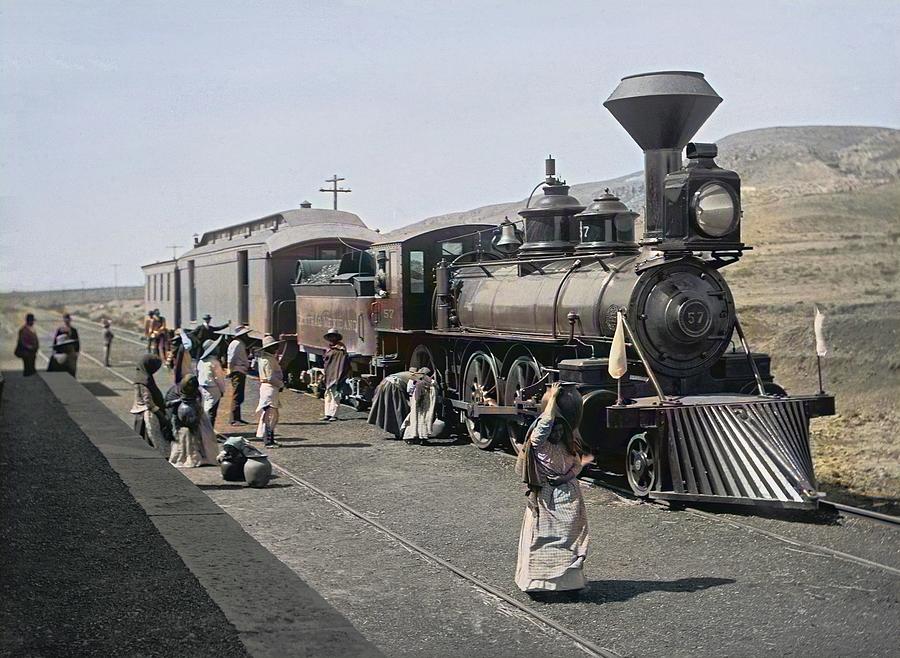 Mexican Central Railway Train at Station Colorized Photograph by William Henry Jackson