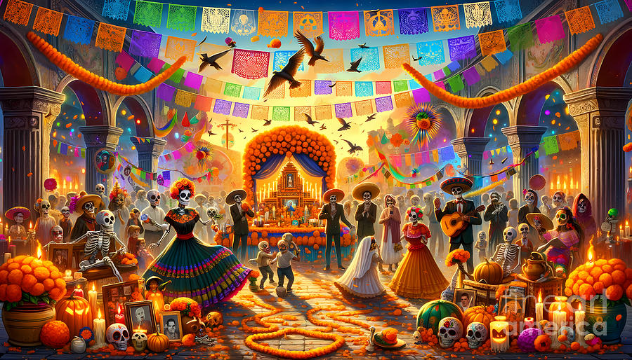 Skull Digital Art - Mexican Day of the Dead, A vibrant celebration with traditional Day of the Dead imagery by Jeff Creation