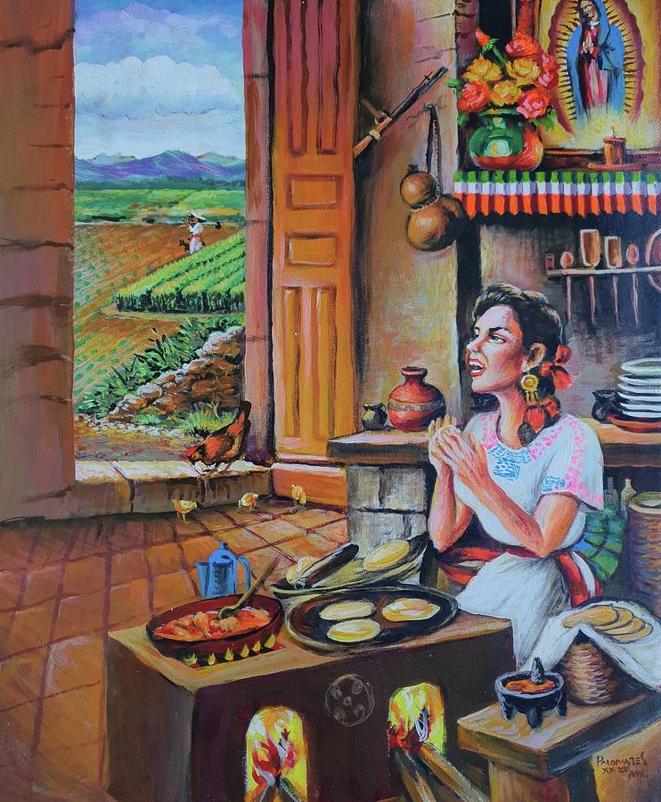 Mexican Painting - Mexican kitchen scene with torillas by Palomares