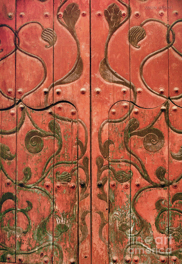 Mexican photography - Red Door with Floral Relief Photograph by Sharon Hudson