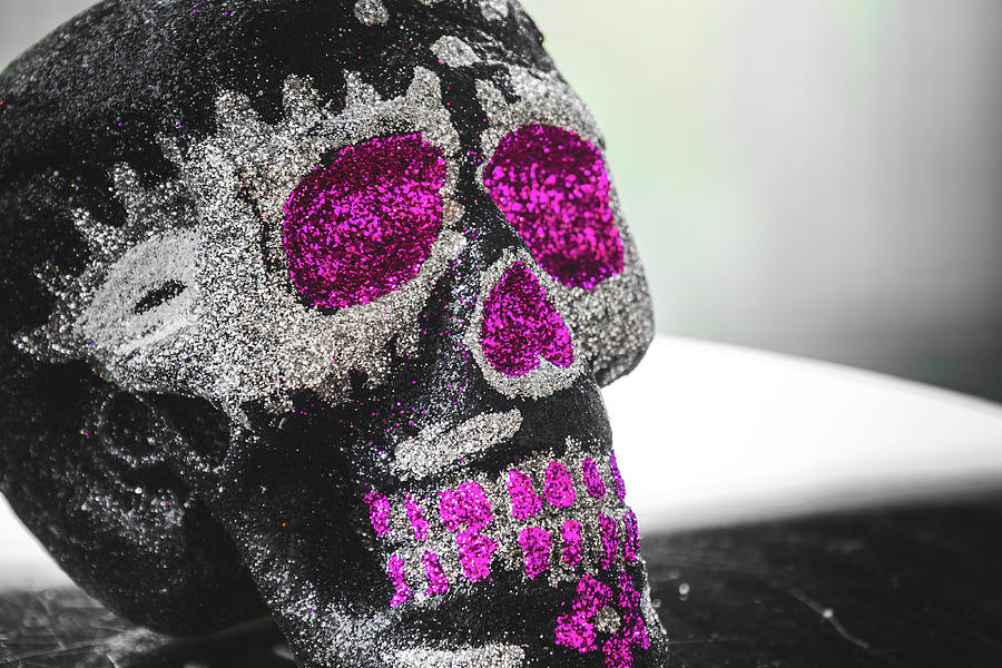 Black And White Photograph - mexican pink purple skull Day of the Dead calavera sugar skull b by Luca Lorenzelli