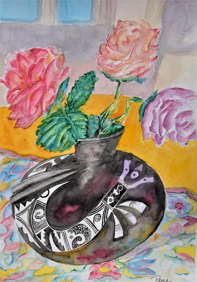 Mexican Pot with Cow Flowers Painting by Lisa Dunn