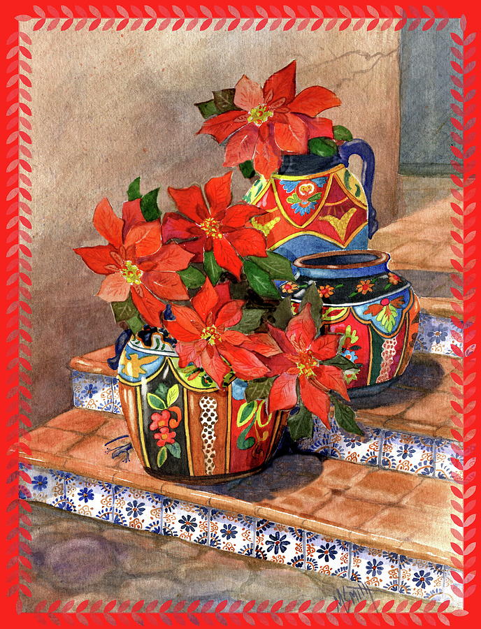 Christmas Card Painting - Mexican Pottery Christmas by Marilyn Smith
