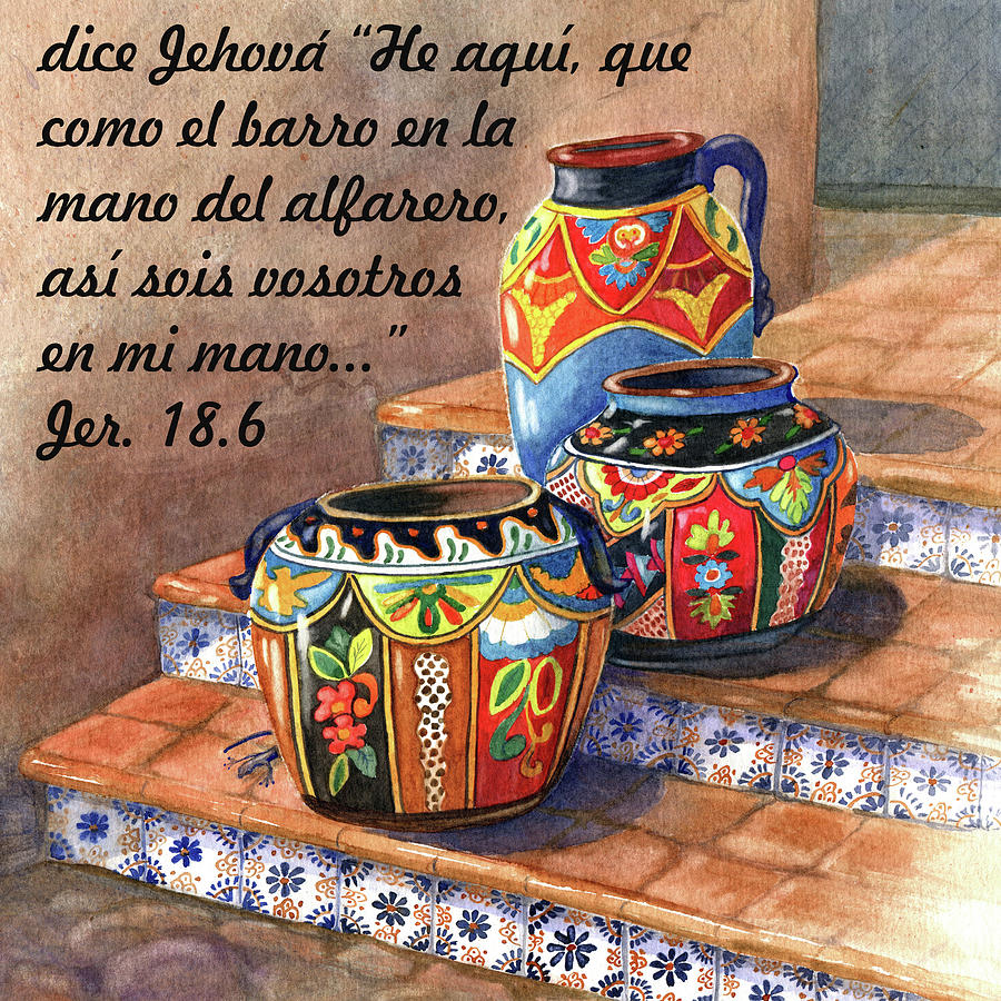 Still Life Painting - Mexican Pottery With Bible Verse by Marilyn Smith