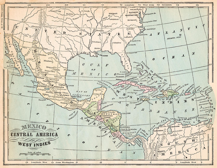 Mexico and West indies map 1875 Drawing by Thepalmer