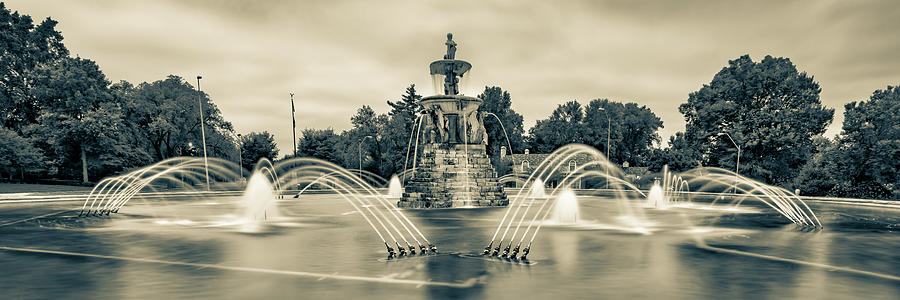 Kansas City Photograph - Meyer Circle Sea Horse Fountain in Sepia - Kansas City Missouri by Gregory Ballos