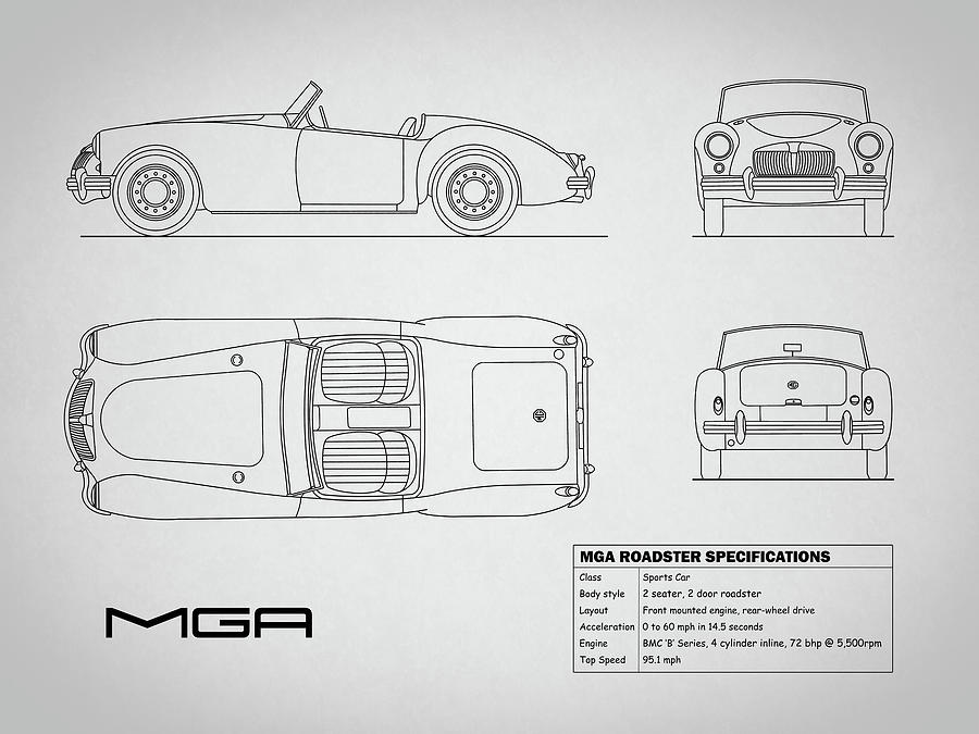 Car Photograph - MGA Mk1 Blueprint - White by Mark Rogan
