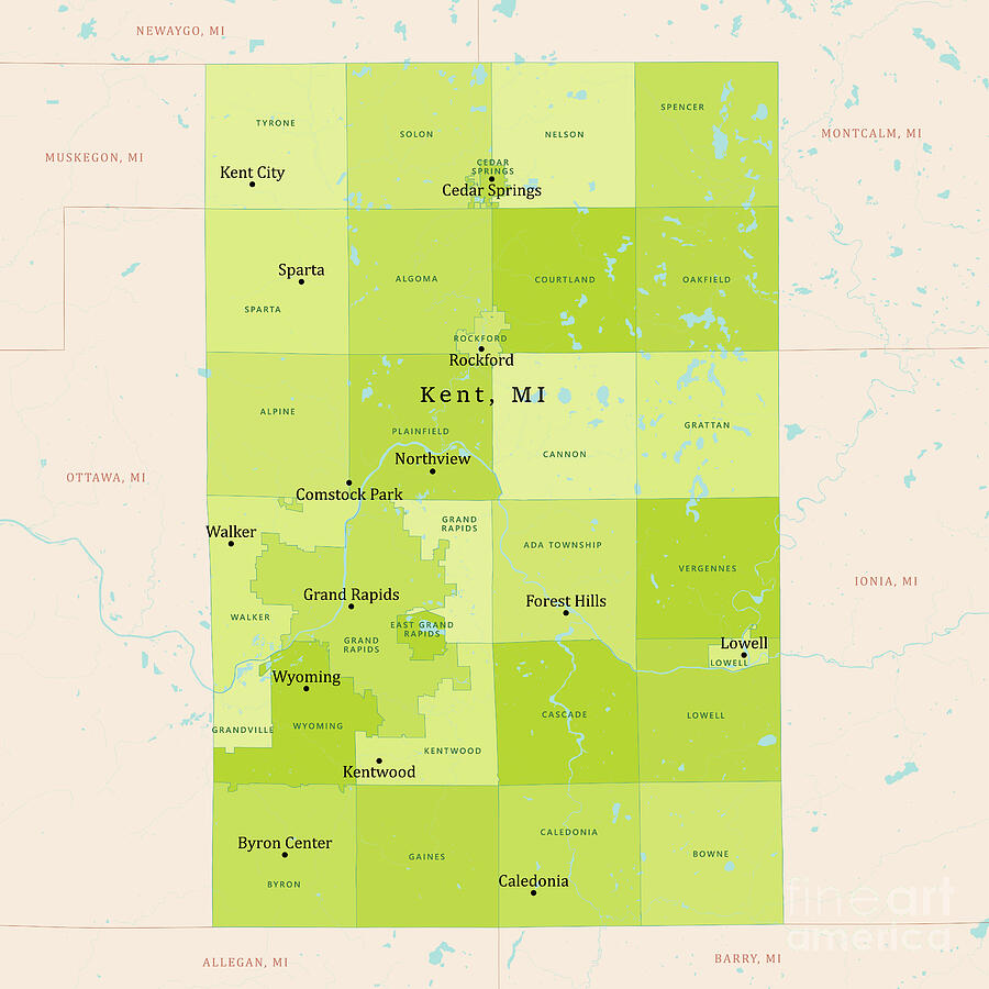 MI Kent County Vector Map Green Digital Art by Frank Ramspott - Pixels