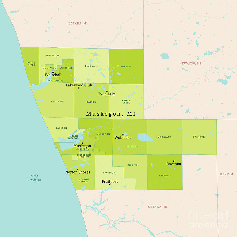 MI Muskegon County Vector Map Green Digital Art by Frank Ramspott ...