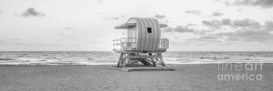 Miami 1st Street Lifeguard Station Black and White Panorama Pict Photograph by Paul Velgos