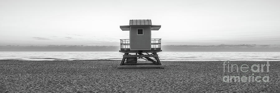 Miami 6th Street Lifeguard Tower Black and White Panorama Photo Photograph by Paul Velgos