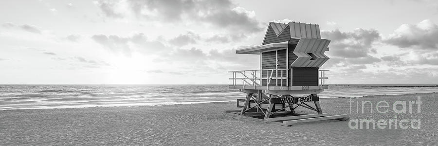 Miami Beach 100 Lifeguard Tower at Sunrise Black and White Panor Photograph by Paul Velgos