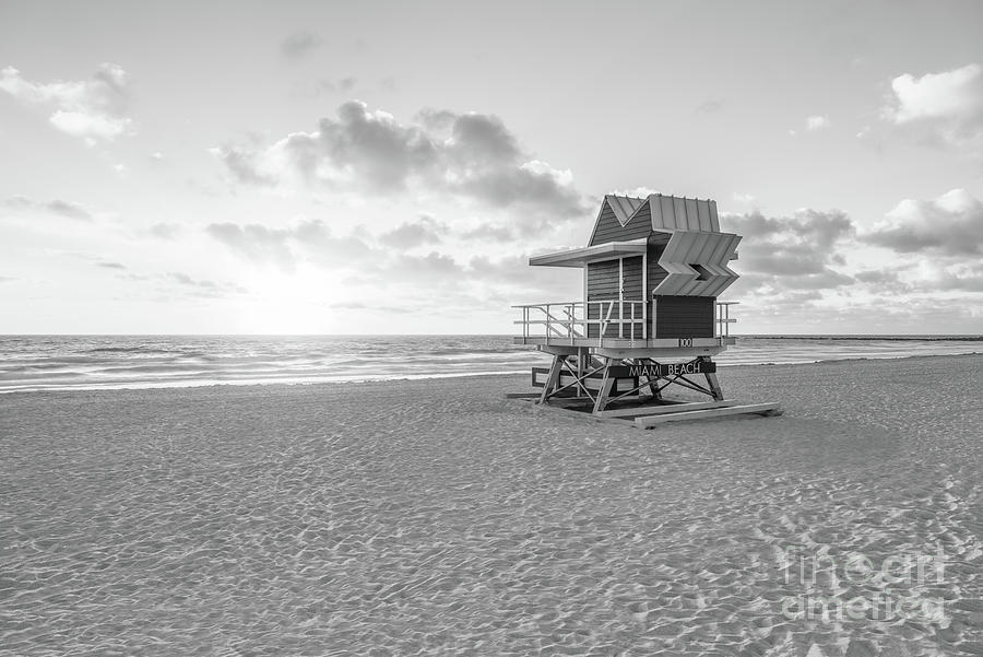 Miami Beach 100 Lifeguard Tower at Sunrise Black and White Photo Photograph by Paul Velgos