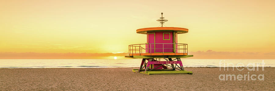 Miami Beach 10th Sreet Lifeguard Tower at Sunrise Panoramic Phot Photograph by Paul Velgos