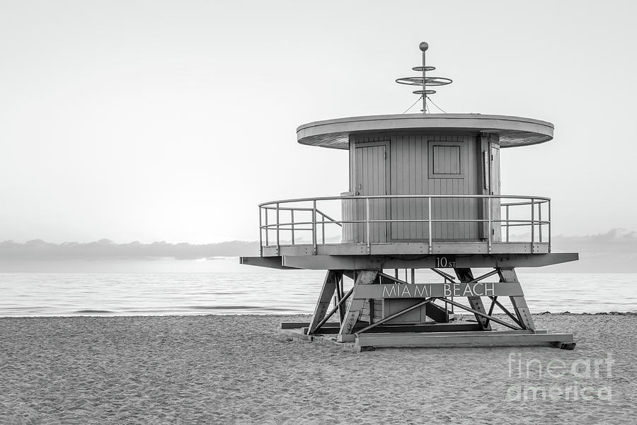 Miami Beach 10th Street Lifeguard Tower Black and White Picture Photograph by Paul Velgos