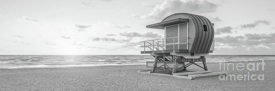 Miami Beach 1st Street Lifeguard Tower Black and White Panorama  Photograph by Paul Velgos