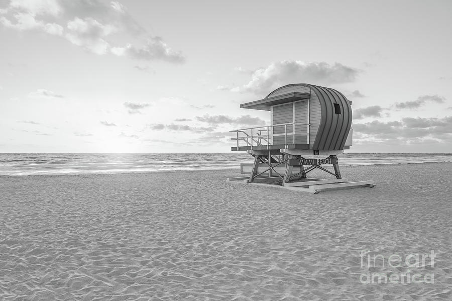 Miami Beach 1st Street Lifeguard Tower Black and White Photo Photograph by Paul Velgos