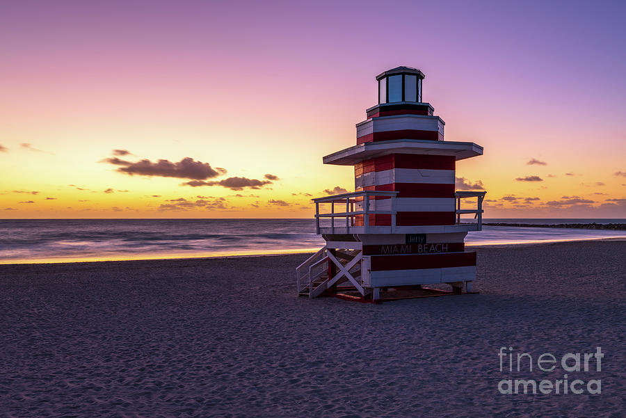 Miami Beach Jetty Lifeguard Tower at Sunrise Photo Photograph by Paul Velgos