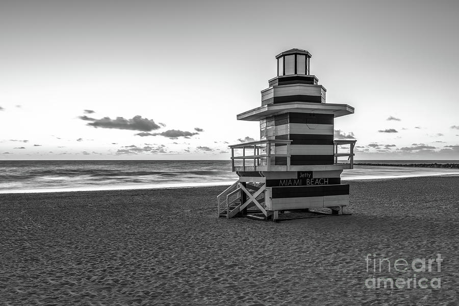 Miami Beach Jetty Lifeguard Tower Black and White Photo Photograph by Paul Velgos