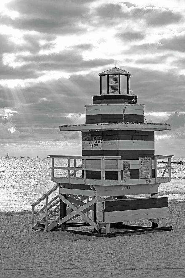 Miami Beach Life Guard House Sunrise Lighthouse Sunrise Black and White Photograph by Toby McGuire