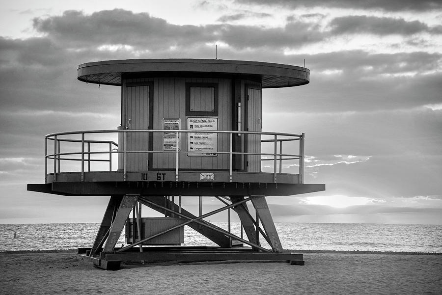 Miami Beach Round Life Guard House Sunrise Black and White Photograph by Toby McGuire