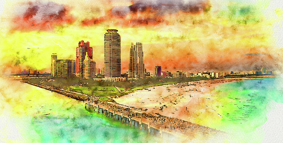 Miami Beach seen from the South Pointe Park Pier at sunset - pen and watercolor Digital Art by Nicko Prints