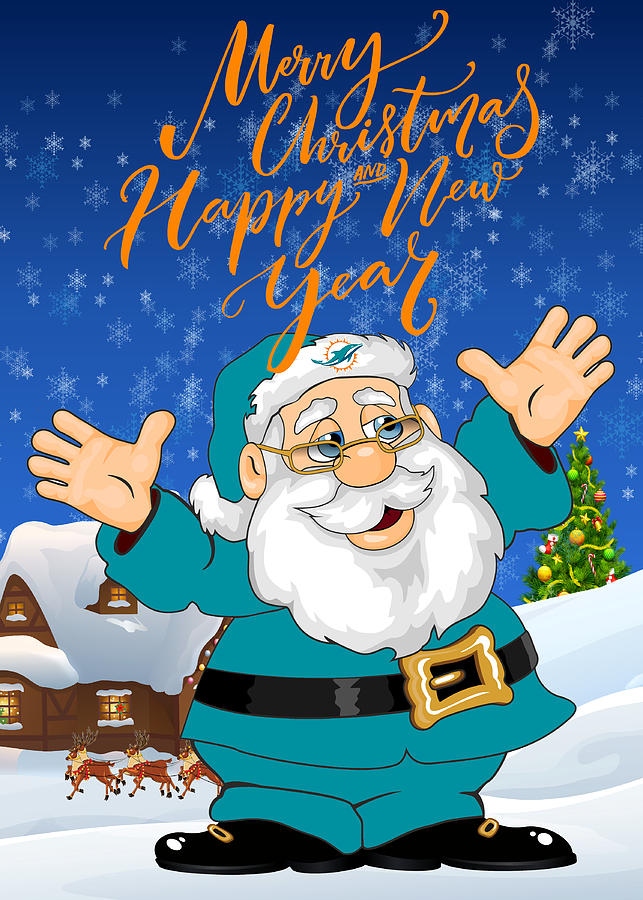 Miami Dolphins Touchdown Santa Claus Christmas Cards 2 by Joe Hamilton