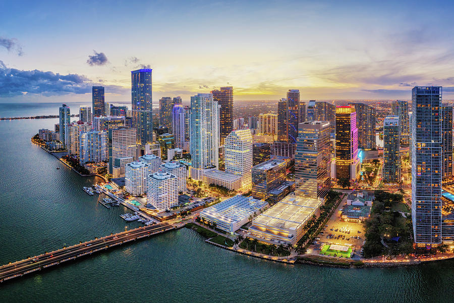 Miami Downtown Sunset Aerial Photograph by Alex Mironyuk