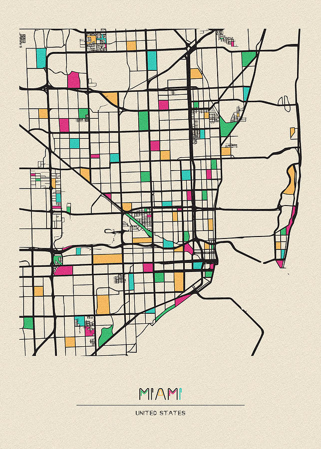Memento Movie Drawing - Miami, Florida City Map by Inspirowl Design