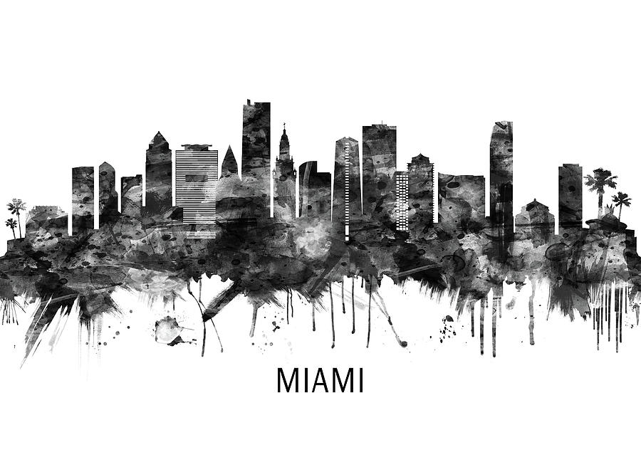 Miami Florida Skyline BW Mixed Media By NextWay Art - Fine Art America