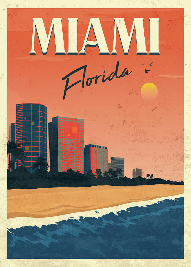 Miami Florida Sunset Beach Vintage Retro Travel Poster Mixed Media by ...