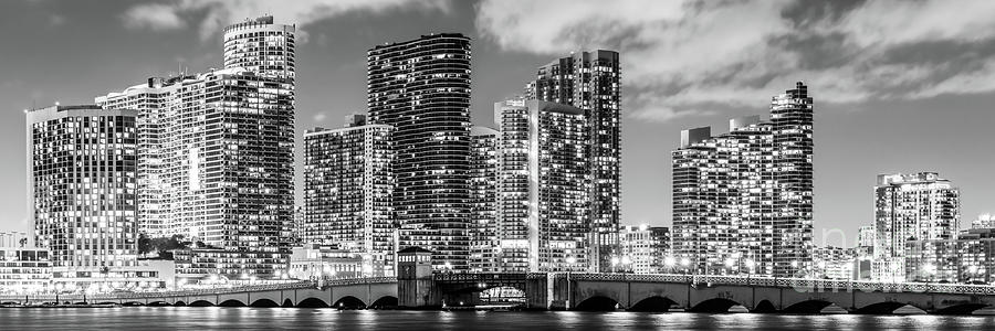 Miami Night Skyline and Bridge Black and White Panorama Picture Photograph by Paul Velgos