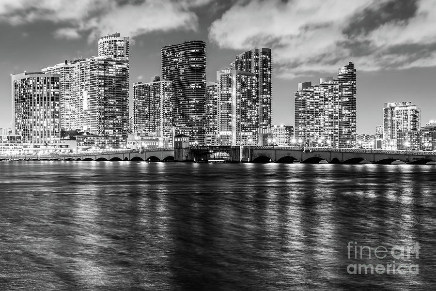 Miami Night Skyline and Venetian Bridge Black and White Picture Photograph by Paul Velgos