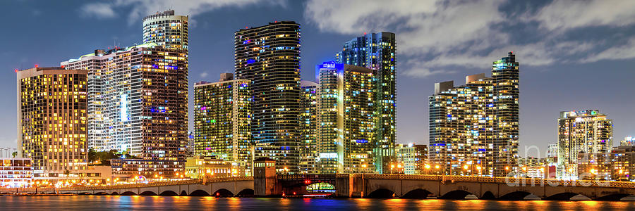 Miami Night Skyline and Venetian Causeway Bridge Panorama Pictur Photograph by Paul Velgos