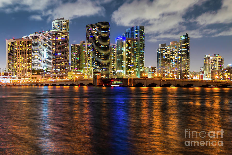 Miami Night Skyline and Venetian Causeway Bridge Picture Photograph by Paul Velgos