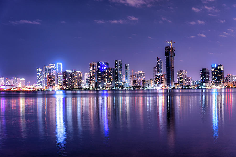 Miami Skyline Night Long Exposure In Miami Beach Photograph