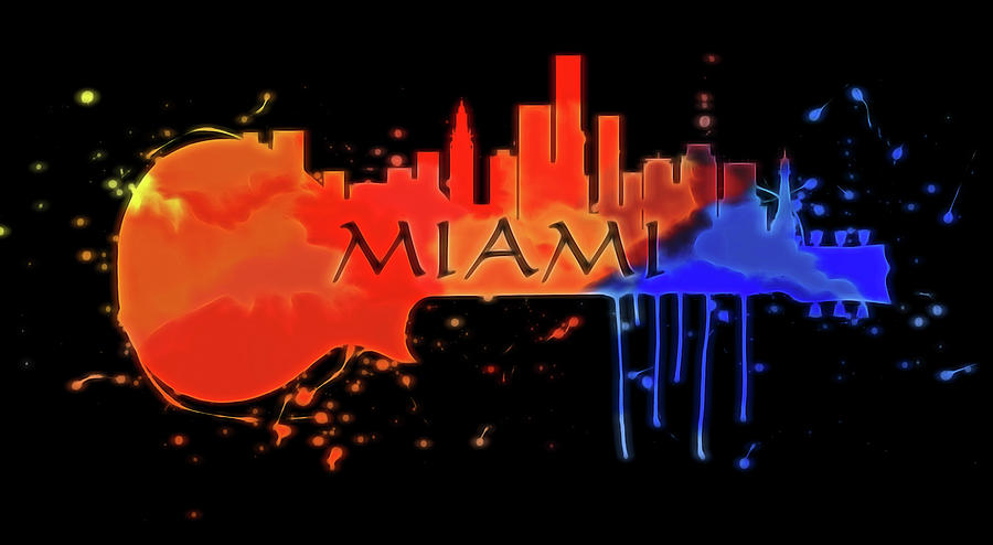 Miami Skyline On Colorful Guitar Digital Art by Dan Sproul
