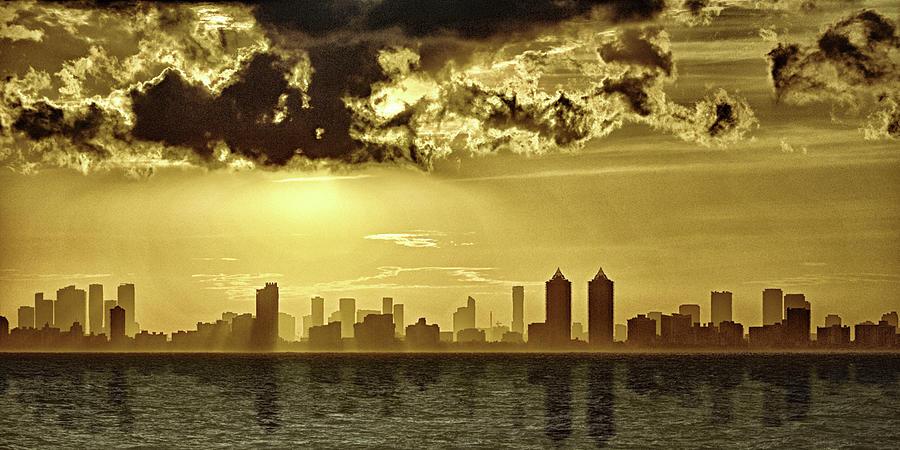 Miami Skyline Sunset Reflection Mixed Media by Bill Swartwout