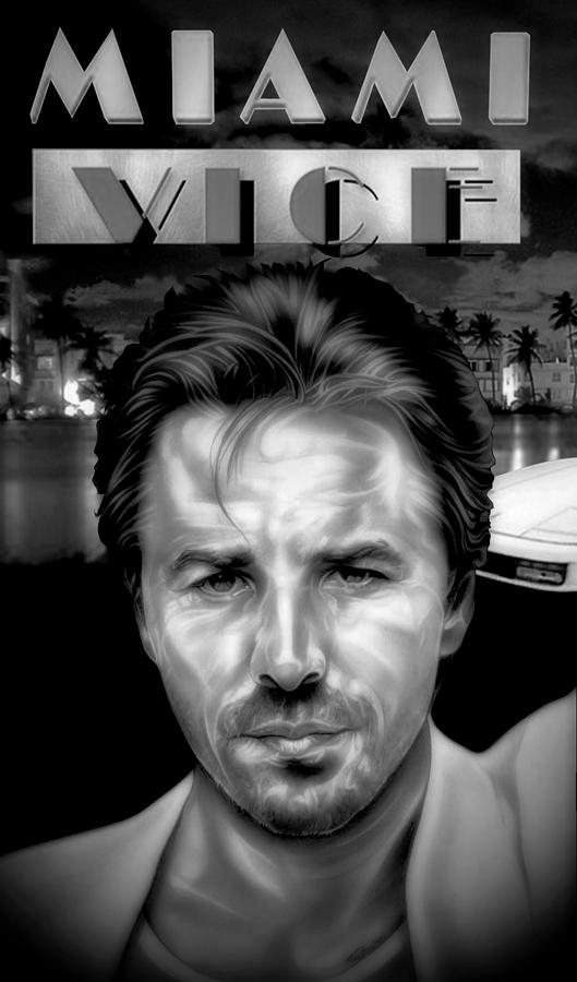 Miami Vice - Sonny Crockett - Black and White Poster Edition Drawing by Fred Larucci