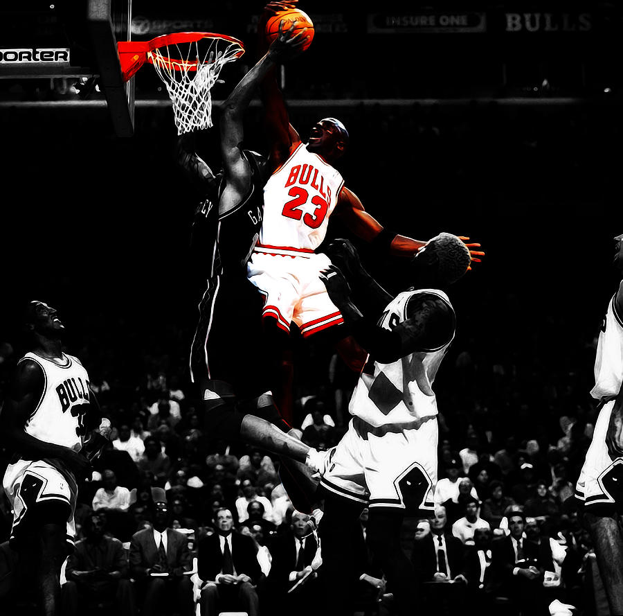 Michael Jordan Playing Above the Rim Mixed Media by Brian Reaves