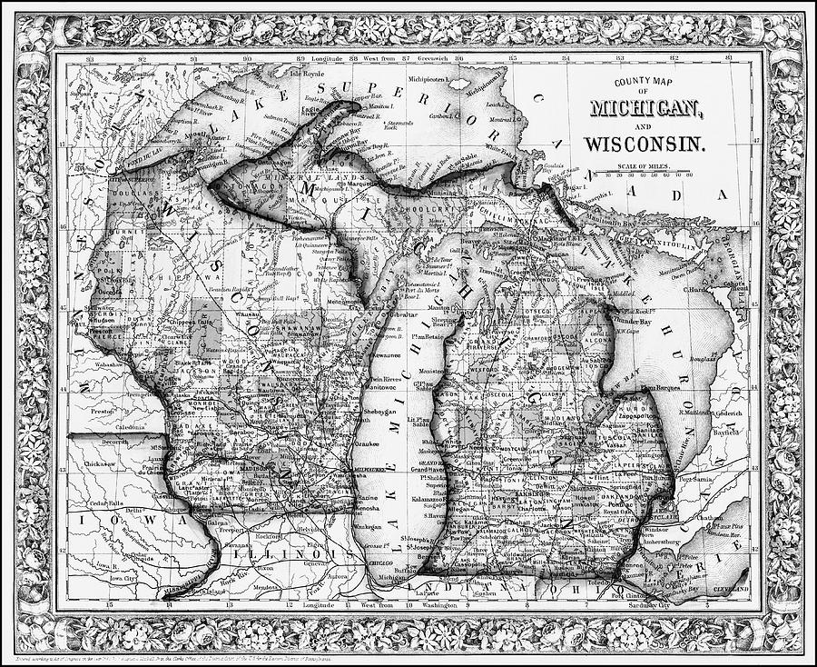 Detroit Photograph - Michigan and Wisconsin Vintage County Map 1863 Black and White  by Carol Japp