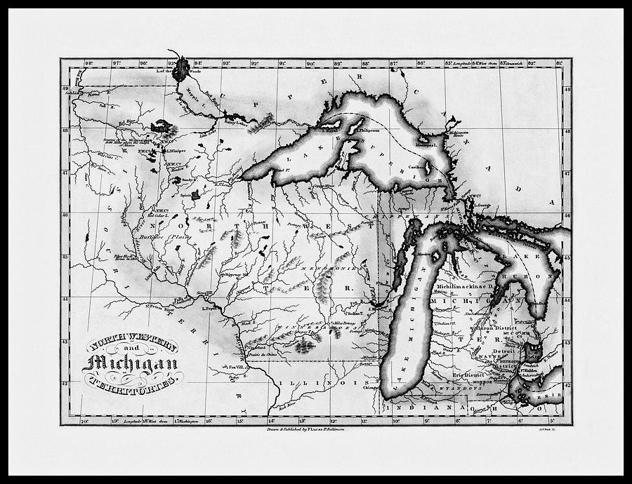 Vintage Photograph - Michigan Historical Vintage Map 1819 Black and White by Carol Japp