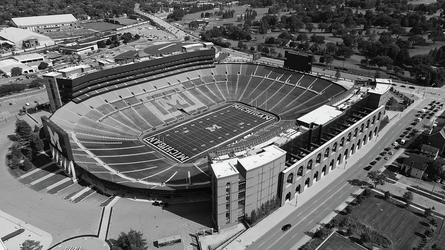 Michigan Stadium overhead in black and white Photograph by Eldon McGraw